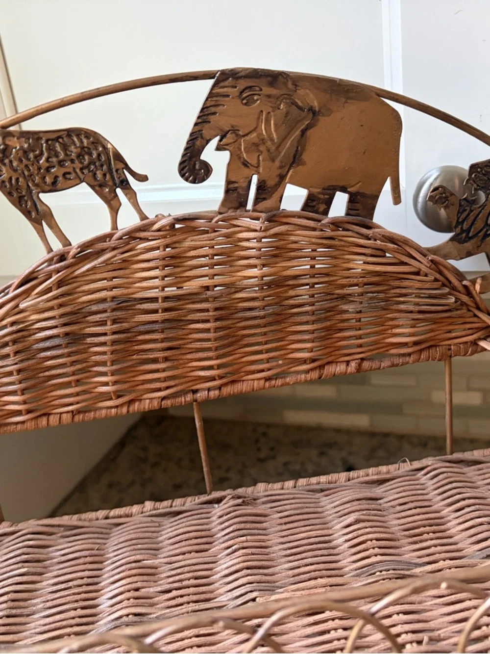 Vintage 2 tier Wicker Rattan and Metal Shelf Safari animal theme